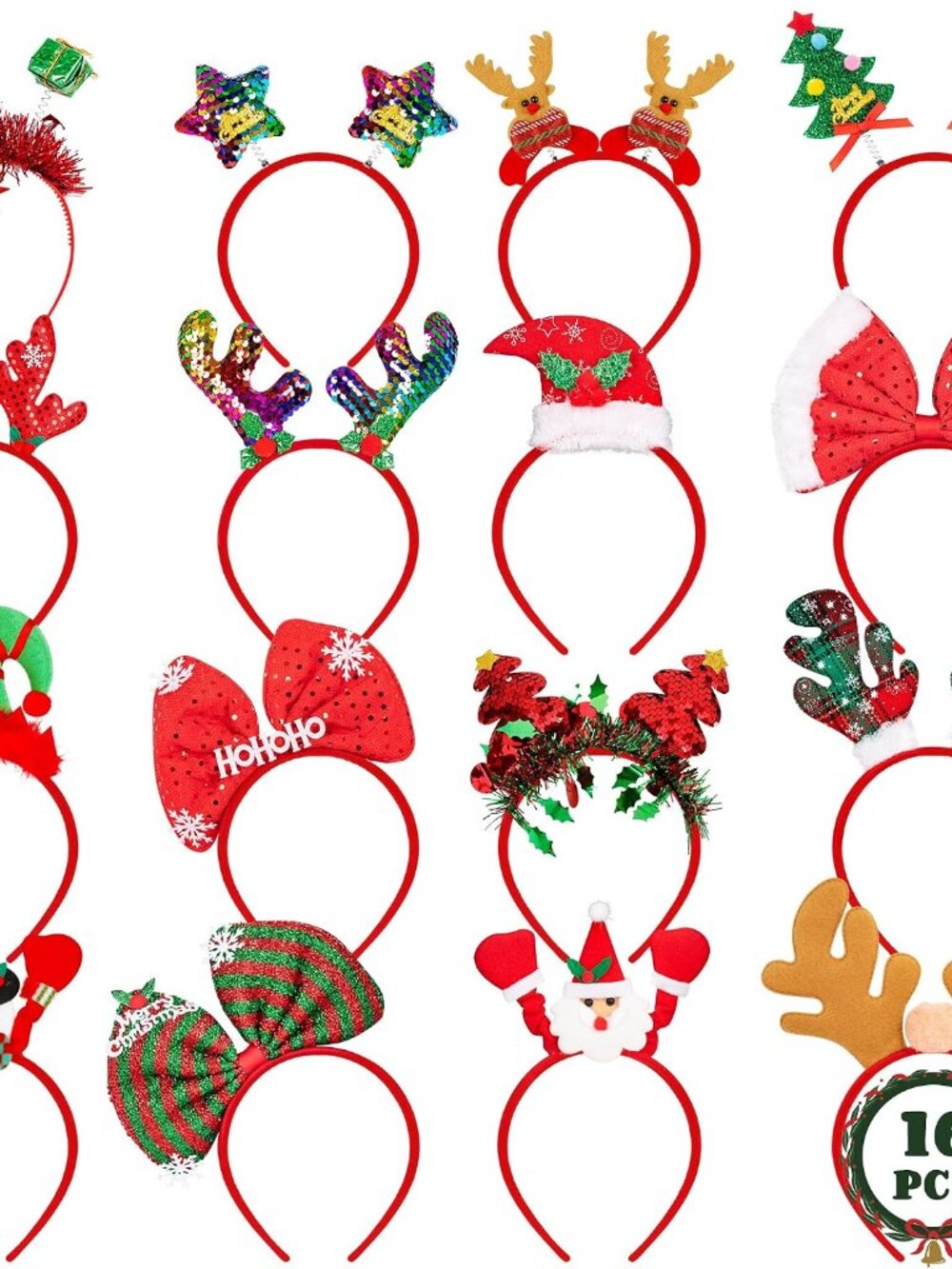 16 PCS Christmas Headbands, 16 Styles Red Xmas Headpieces, Cute Holiday Bow Tie